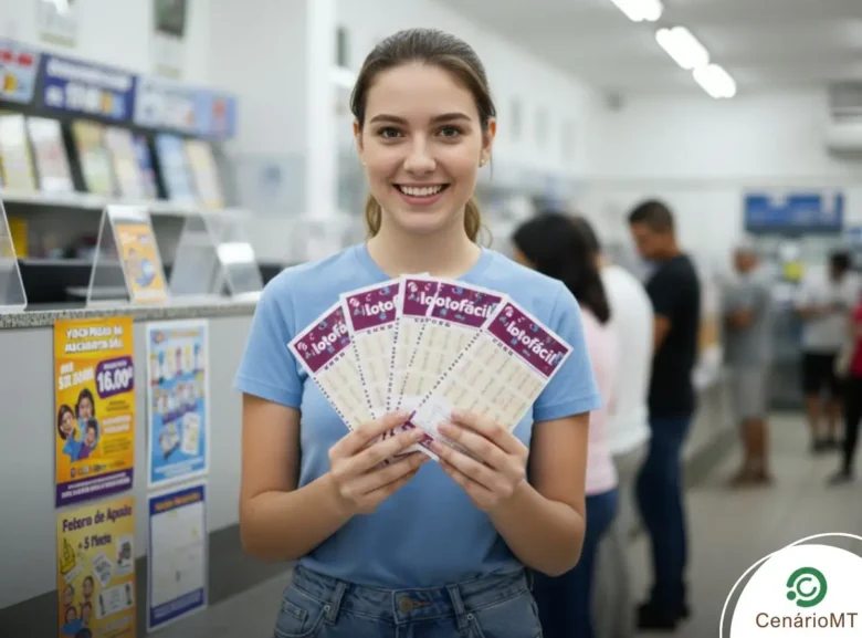 Mulher jovem sorrindo em uma casa lotérica segurando bilhetes da Lotofácil para o sorteio de hoje.