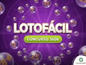 Banner da Lotofácil concurso 3606 com fundo roxo e bolas numeradas flutuando.