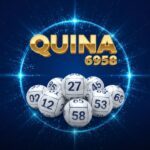 Banner da loteria Quina concurso 6958 com bolas numeradas em círculo azul brilhante e fundo azul escuro.