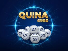 Banner da loteria Quina concurso 6958 com bolas numeradas em círculo azul brilhante e fundo azul escuro.