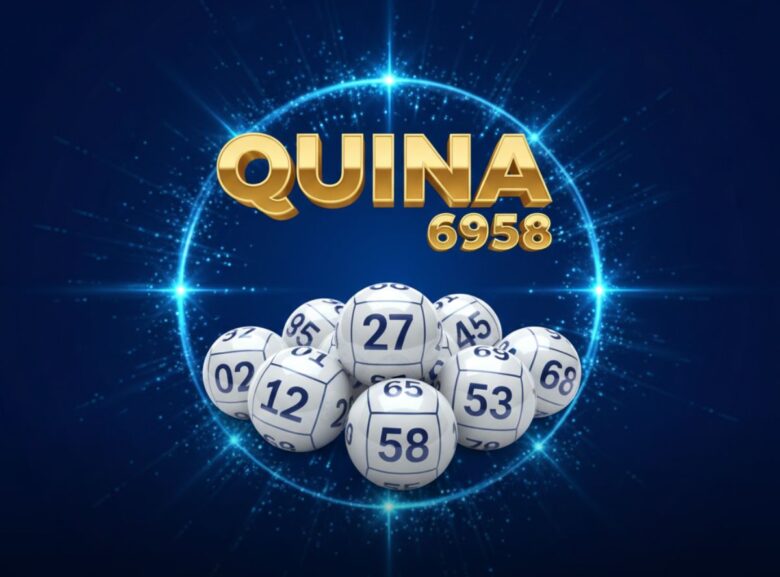 Banner da loteria Quina concurso 6958 com bolas numeradas em círculo azul brilhante e fundo azul escuro.