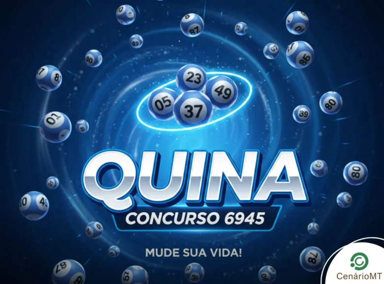 Arte gráfica da loteria Quina com fundo azul, bolas numeradas e o texto "Concurso 6945 - Mude sua vida".