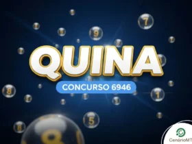 Logotipo da Quina em destaque sobre fundo azul escuro, indicando o sorteio de número 6946.