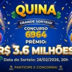 Imagem promocional da Quina, concurso 6964, prêmio de 3.6 milhões de reais. Fundo azul com confetes.