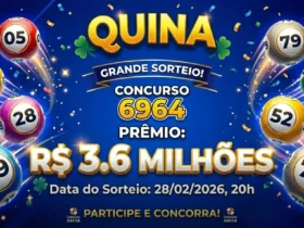 Imagem promocional da Quina, concurso 6964, prêmio de 3.6 milhões de reais. Fundo azul com confetes.