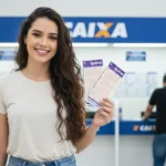 Foto de Daniele, mulher branca com cabelos ondulados castanhos, segurando bilhetes da Lotofácil em lotérica da Caixa