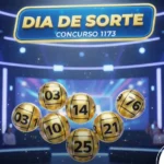 Infográfico do sorteio Dia de Sorte concurso 1173 com globos dourados numerados em um cenário de estúdio de TV.
