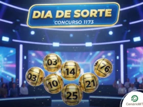 Resultado do Dia de Sorte 1173 de hoje (05/02): Prêmio acumula para R$ 1,9 milhão 3 Infográfico do sorteio Dia de Sorte concurso 1173 com globos dourados numerados em um cenário de estúdio de TV.