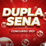 Card vermelho vibrante com bolas de loteria numeradas e o texto central "Dupla Sena Concurso 2921".