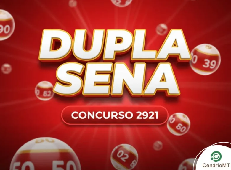 Card vermelho vibrante com bolas de loteria numeradas e o texto central "Dupla Sena Concurso 2921".