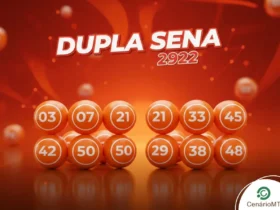 Cartaz digital da Dupla Sena 2922 com doze bolas laranjas divididas em dois blocos sobre fundo avermelhado.