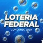 Imagem com fundo azul vibrante e elementos gráficos modernos. Ao centro, o texto "LOTERIA FEDERAL CONCURSO 6039" em letras brancas com bordas douradas. Ao redor do título, várias bolas de sorteio translúcidas com números dourados de 0 a 9 flutuam em trajetórias dinâmicas.