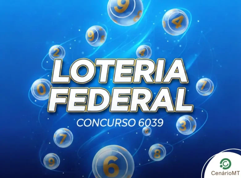 Imagem com fundo azul vibrante e elementos gráficos modernos. Ao centro, o texto "LOTERIA FEDERAL CONCURSO 6039" em letras brancas com bordas douradas. Ao redor do título, várias bolas de sorteio translúcidas com números dourados de 0 a 9 flutuam em trajetórias dinâmicas.