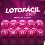 Imagem promocional da Lotofácil 3607 com dez bolas cor-de-rosa numeradas sobre fundo magenta.