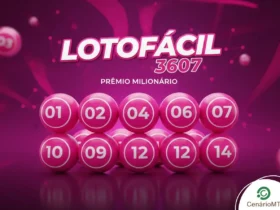 Imagem promocional da Lotofácil 3607 com dez bolas cor-de-rosa numeradas sobre fundo magenta.