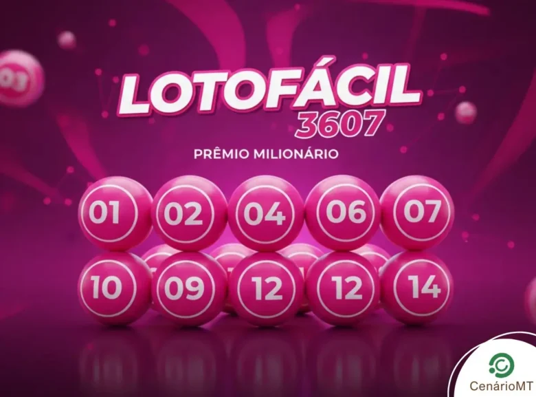 Imagem promocional da Lotofácil 3607 com dez bolas cor-de-rosa numeradas sobre fundo magenta.