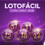 Imagem promocional da Lotofácil concurso 3608 com fundo roxo vibrante, apresentando cinco bolas de sorteio douradas e roxas com os números 07, 11, 12, 18 e 22.