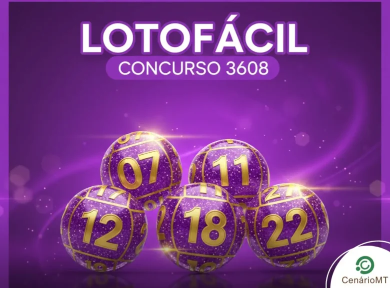 Imagem promocional da Lotofácil concurso 3608 com fundo roxo vibrante, apresentando cinco bolas de sorteio douradas e roxas com os números 07, 11, 12, 18 e 22.