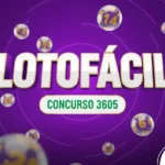 Card roxo vibrante com bolas de loteria e o texto central "Lotofácil Concurso 3605".
