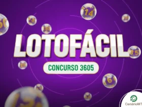 Card roxo vibrante com bolas de loteria e o texto central "Lotofácil Concurso 3605".