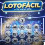 Infográfico da Lotofácil concurso 3606 com 15 esferas prateadas numeradas e efeito de partículas douradas.