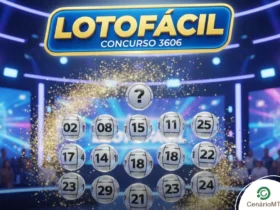 Infográfico da Lotofácil concurso 3606 com 15 esferas prateadas numeradas e efeito de partículas douradas.