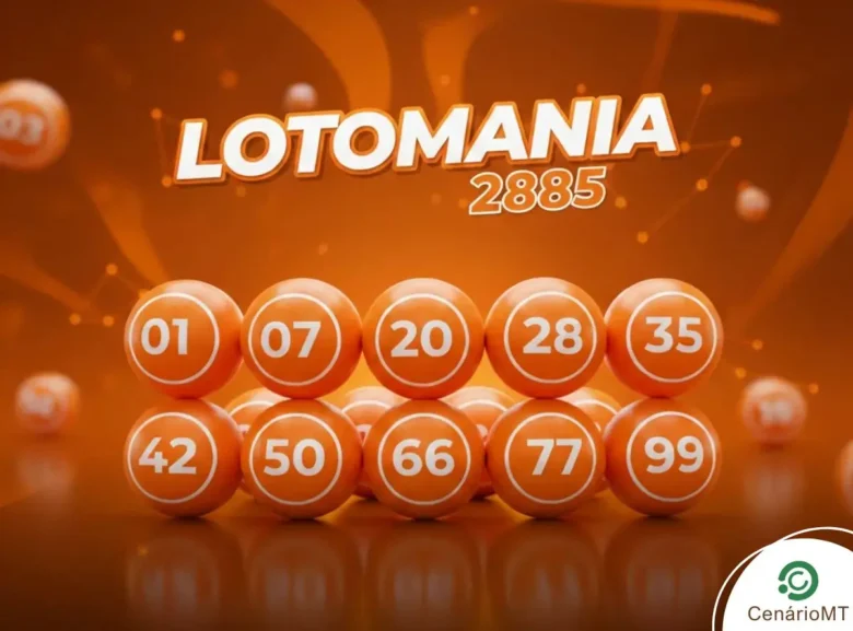 Infográfico Lotomania 2885 mostrando dez bolas laranjas numeradas em um ambiente gráfico moderno.