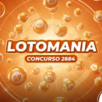 Card laranja com diversas bolas de sorteio espalhadas e o texto "Lotomania Concurso 2884".