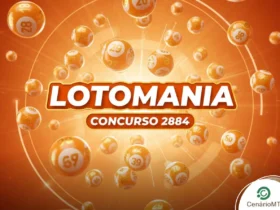 Card laranja com diversas bolas de sorteio espalhadas e o texto "Lotomania Concurso 2884".