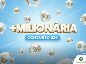 Resultado da +Milionária 326 de hoje (04/02): Veja dezenas e trevos sorteados 3 Card azul claro com bolas numeradas e o logotipo da loteria "+Milionária Concurso 326".
