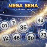 Banner do sorteio da Mega-Sena concurso 2969 com globos transparentes numerados e rastro de luz brilhante.