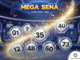 Banner do sorteio da Mega-Sena concurso 2969 com globos transparentes numerados e rastro de luz brilhante.