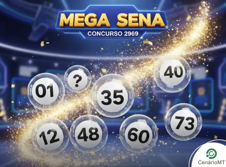 Banner do sorteio da Mega-Sena concurso 2969 com globos transparentes numerados e rastro de luz brilhante.