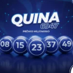 Infográfico do sorteio Quina 6947 com cinco bolas azuis numeradas sobre um fundo azul escuro tecnológico.