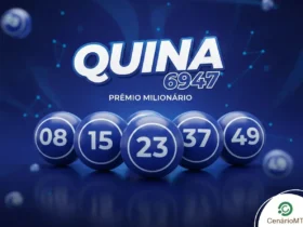 Infográfico do sorteio Quina 6947 com cinco bolas azuis numeradas sobre um fundo azul escuro tecnológico.