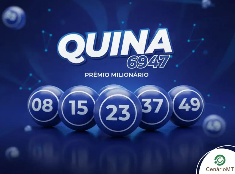 Infográfico do sorteio Quina 6947 com cinco bolas azuis numeradas sobre um fundo azul escuro tecnológico.
