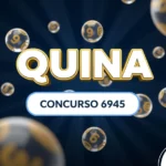 Card azul escuro com bolas de loteria flutuando, apresentando o texto "Quina Concurso 6945"