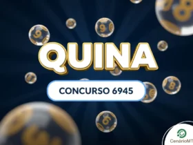 Card azul escuro com bolas de loteria flutuando, apresentando o texto "Quina Concurso 6945"