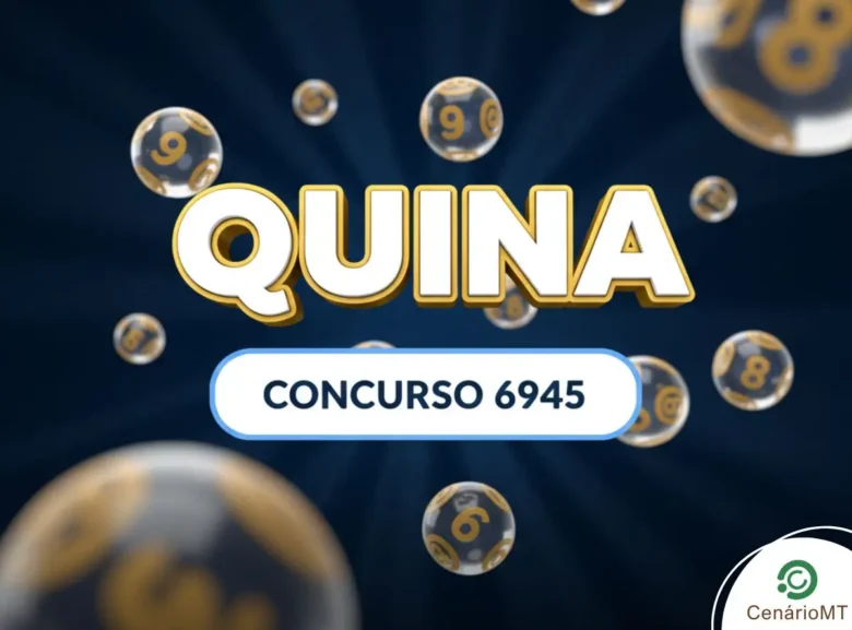 Card azul escuro com bolas de loteria flutuando, apresentando o texto "Quina Concurso 6945"