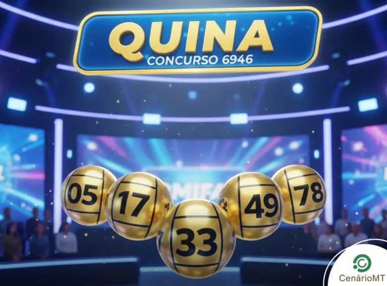 Arte digital da Quina concurso 6946 mostrando cinco dezenas em globos dourados sobre fundo azul de sorteio.