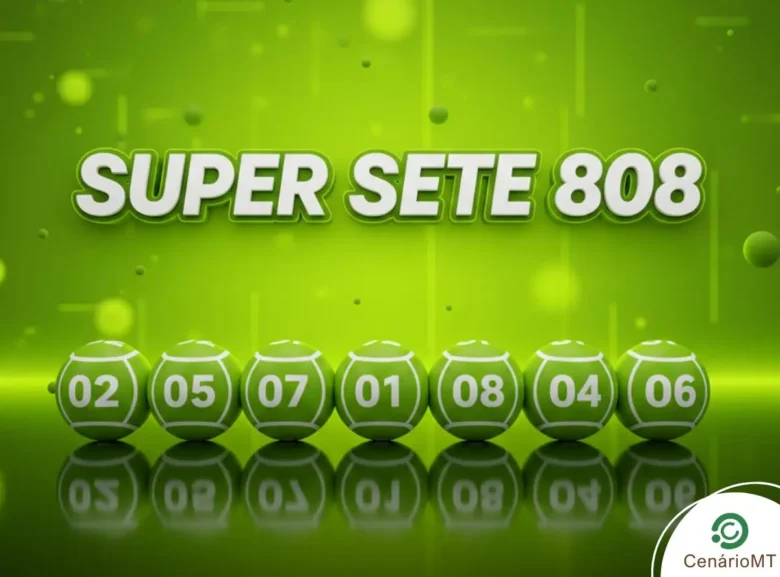 Infográfico do Super Sete 808 apresentando sete bolas verdes alinhadas horizontalmente em um cenário verde luminoso.