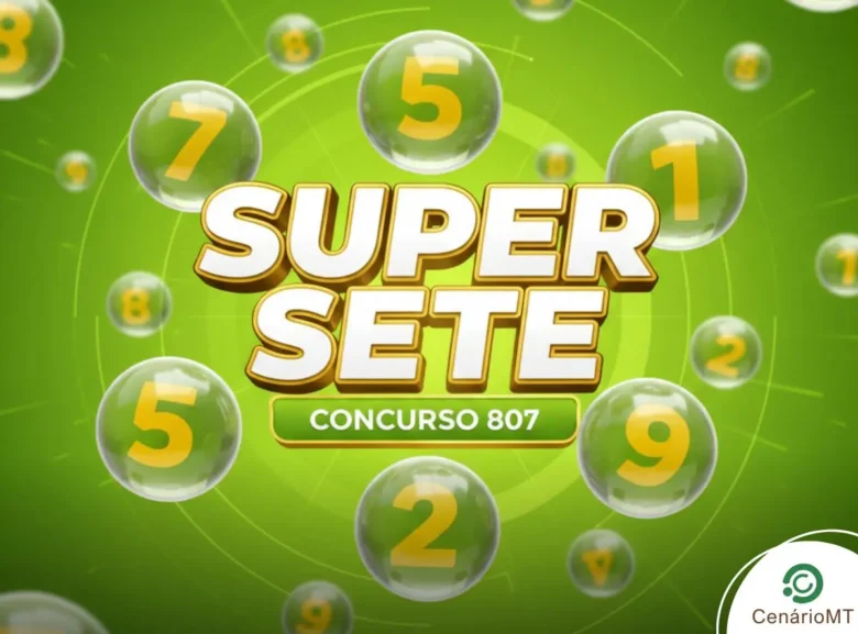 Card verde com bolas numeradas de 0 a 9 e o título "Super Sete Concurso 807".