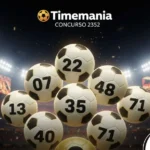 Infográfico da Timemania concurso 2352 com bolas de futebol numeradas em um estádio iluminado.