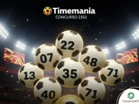 Infográfico da Timemania concurso 2352 com bolas de futebol numeradas em um estádio iluminado.