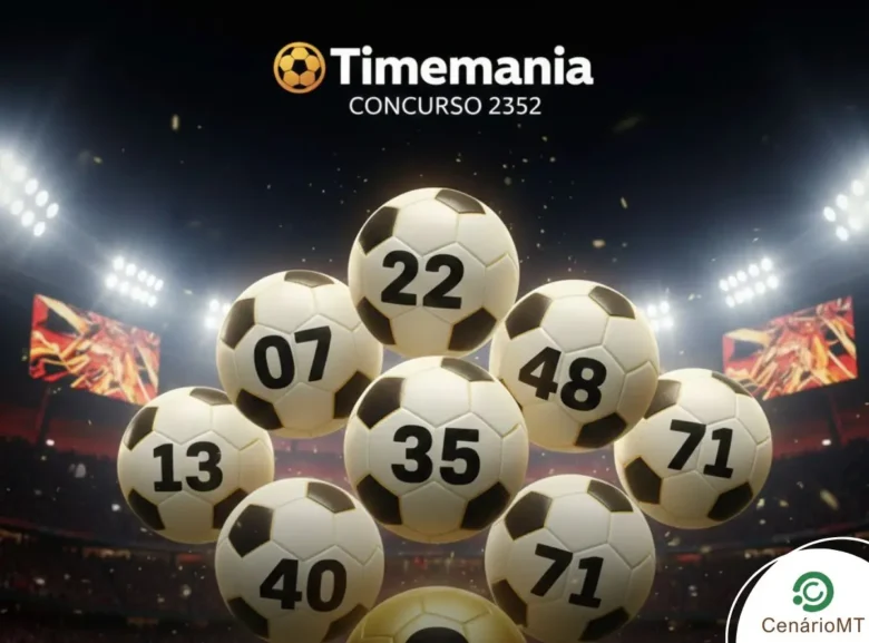 Infográfico da Timemania concurso 2352 com bolas de futebol numeradas em um estádio iluminado.