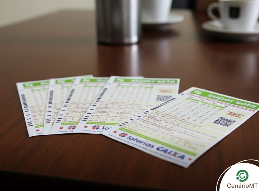 Bilhetes da loteria Super Sete alinhados em uma mesa de madeira.