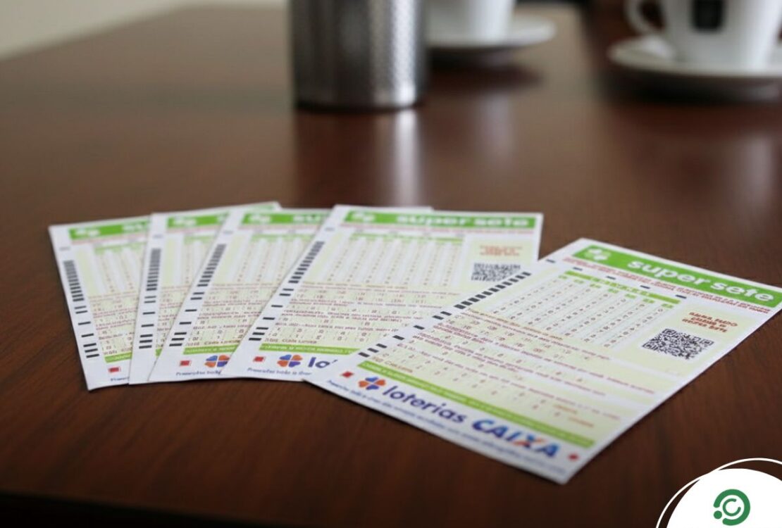 Bilhetes da loteria Super Sete alinhados em uma mesa de madeira.