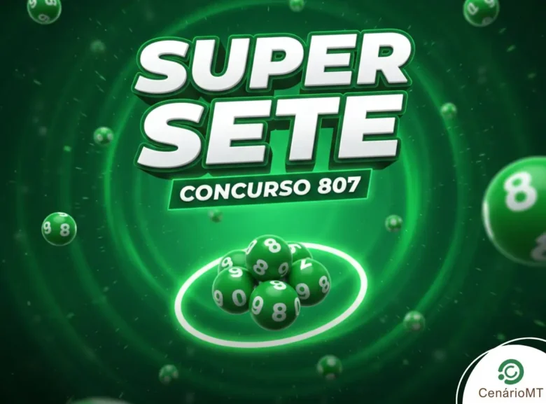 Fundo verde com efeito radial e bolas de bilhar verdes, destacando o nome Super Sete e concurso 807.