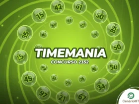 Fundo verde em espiral com esferas numeradas para o concurso 2352 da Timemania.