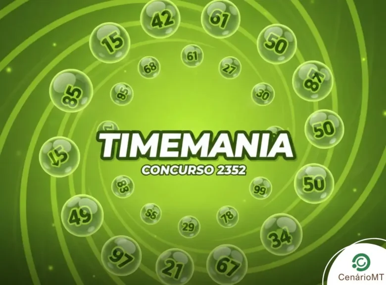 Fundo verde em espiral com esferas numeradas para o concurso 2352 da Timemania.